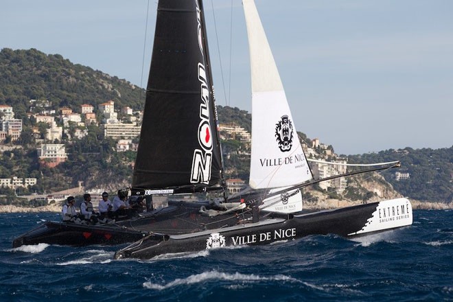Local boat Team Extreme Ville de Nice takes advantage of the wind and waves on day 1 in Nice. © Lloyd Images http://lloydimagesgallery.photoshelter.com/